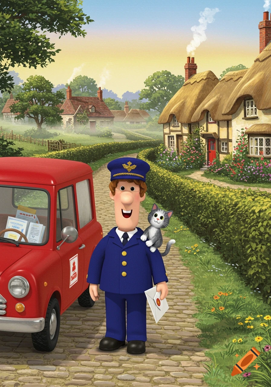 Postman Pat with Jess the cat stands next to his red mail van on a cobblestone path in a village with thatched-roof cottages.
