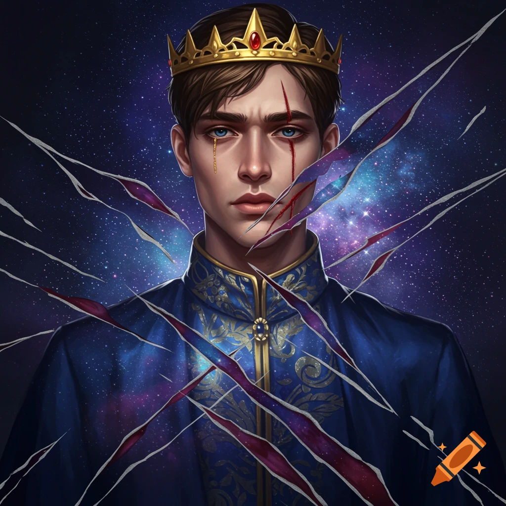 Digital painting of a young prince with a gold crown and blue royal suit, with stylized claw marks revealing a starry galaxy.