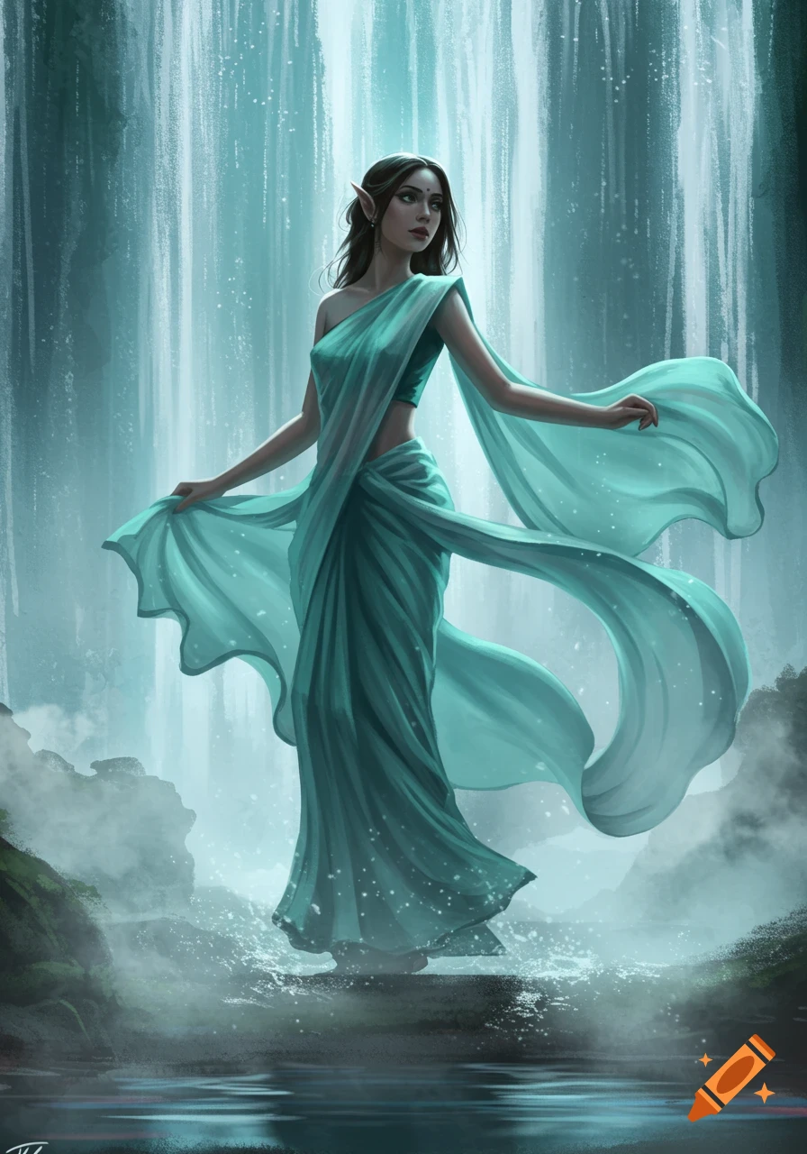 Digital painting of an elf-like woman in a flowing teal saree standing in shallow water before a large waterfall, fantasy art.
