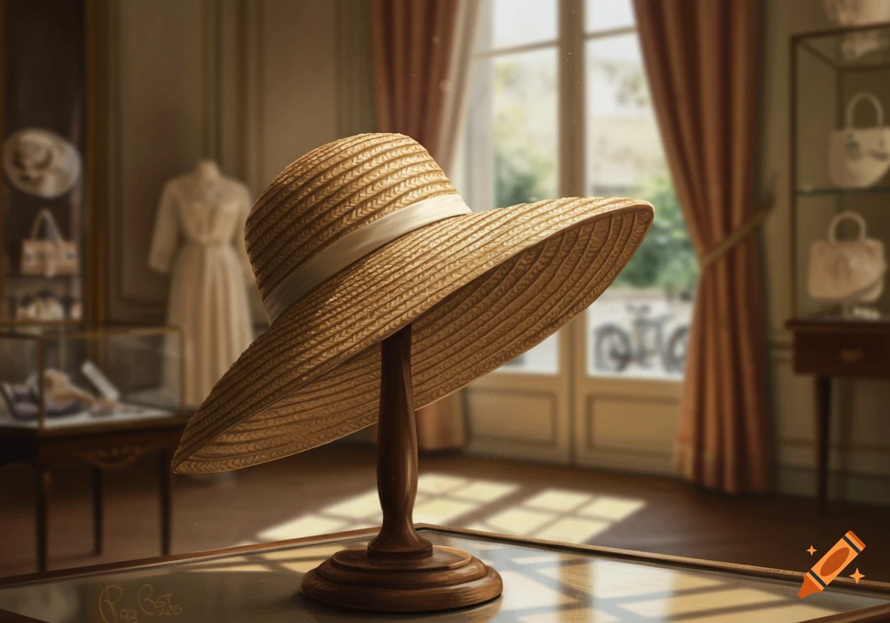A straw hat with a white ribbon on a wooden stand in a sunlit boutique.