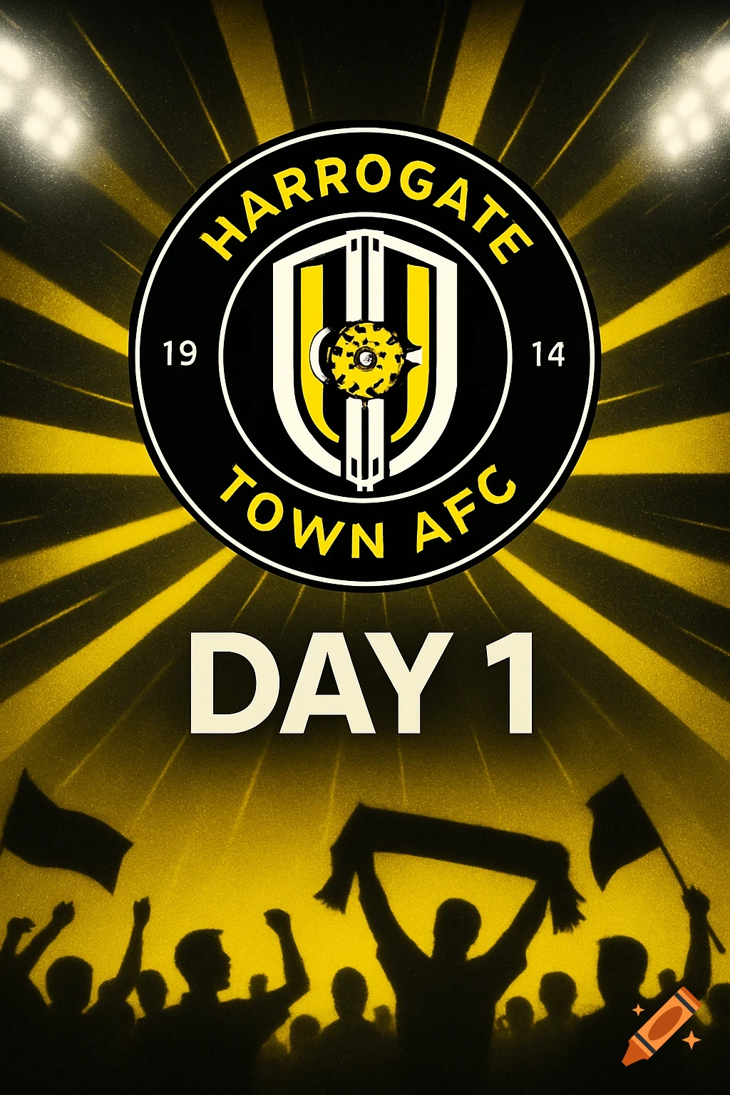 A black and yellow graphic with a Harrogate Town AFC football club badge, text "DAY 1", and silhouettes of cheering fans with flags and scarves.