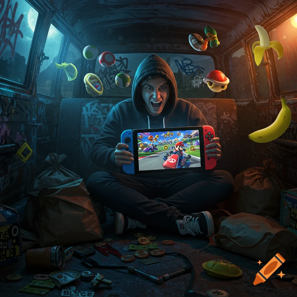 A young man with an intense expression plays Mario Kart on a Nintendo Switch inside a graffiti-covered van, with game items floating around him.