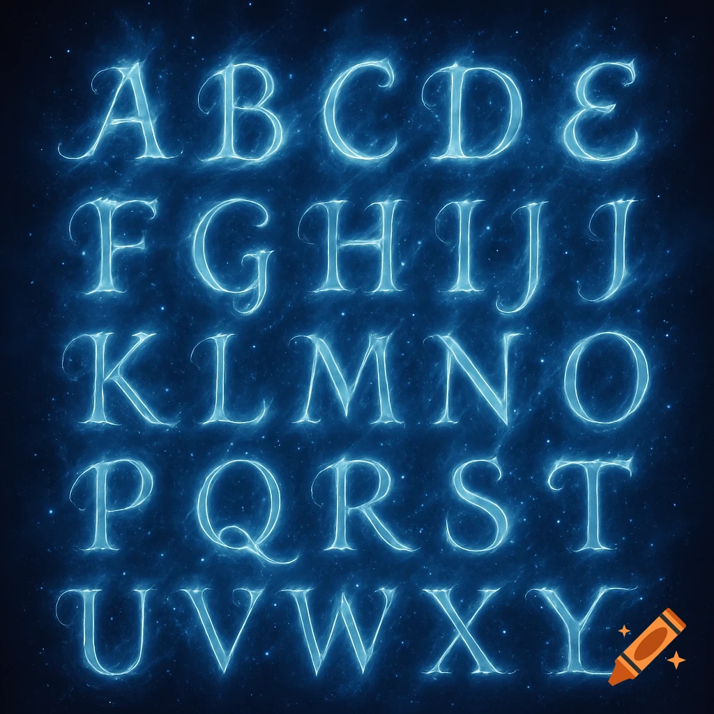 Blue glowing uppercase alphabet letters A through Y on a dark, starry background.