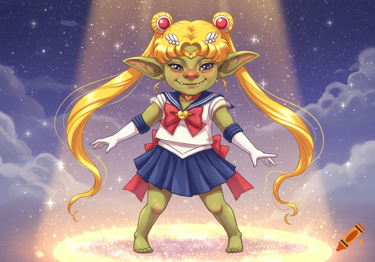 A cartoonish green goblin wearing a Sailor Moon outfit stands in a spotlight under a starry night sky.