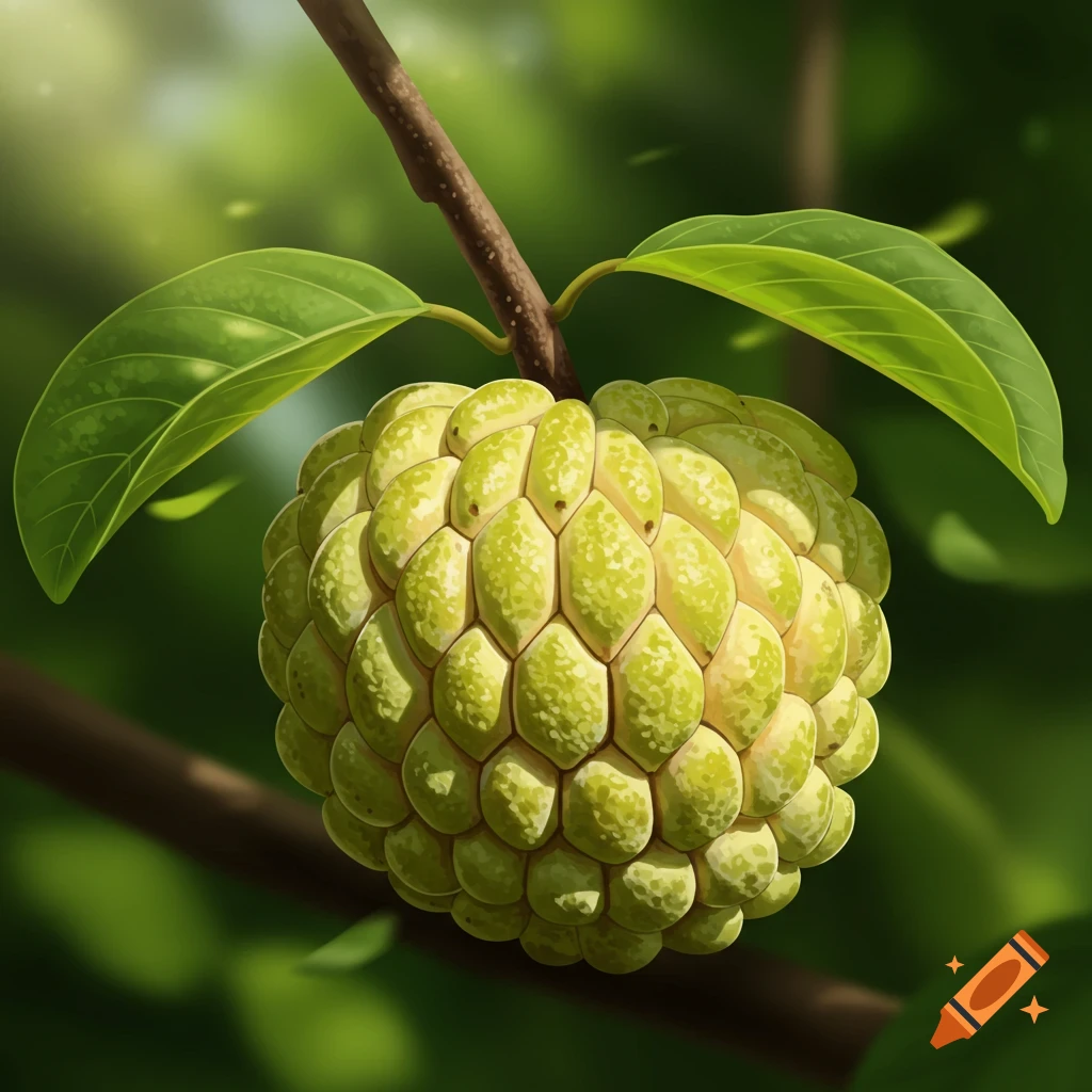 A close-up of a green sugar apple hanging from a branch, surrounded by blurred green leaves in natural light.