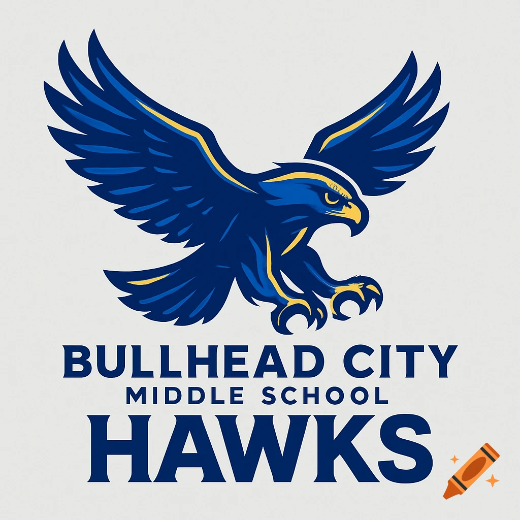 Blue and yellow Bullhead City Middle School Hawks logo featuring a majestic eagle with outstretched wings.