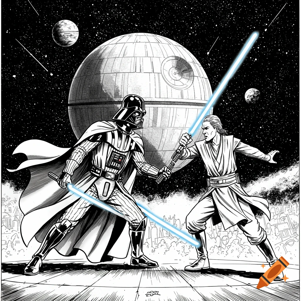 Black-and-white comic art of Darth Vader and a Jedi lightsaber duel in space with the Death Star.