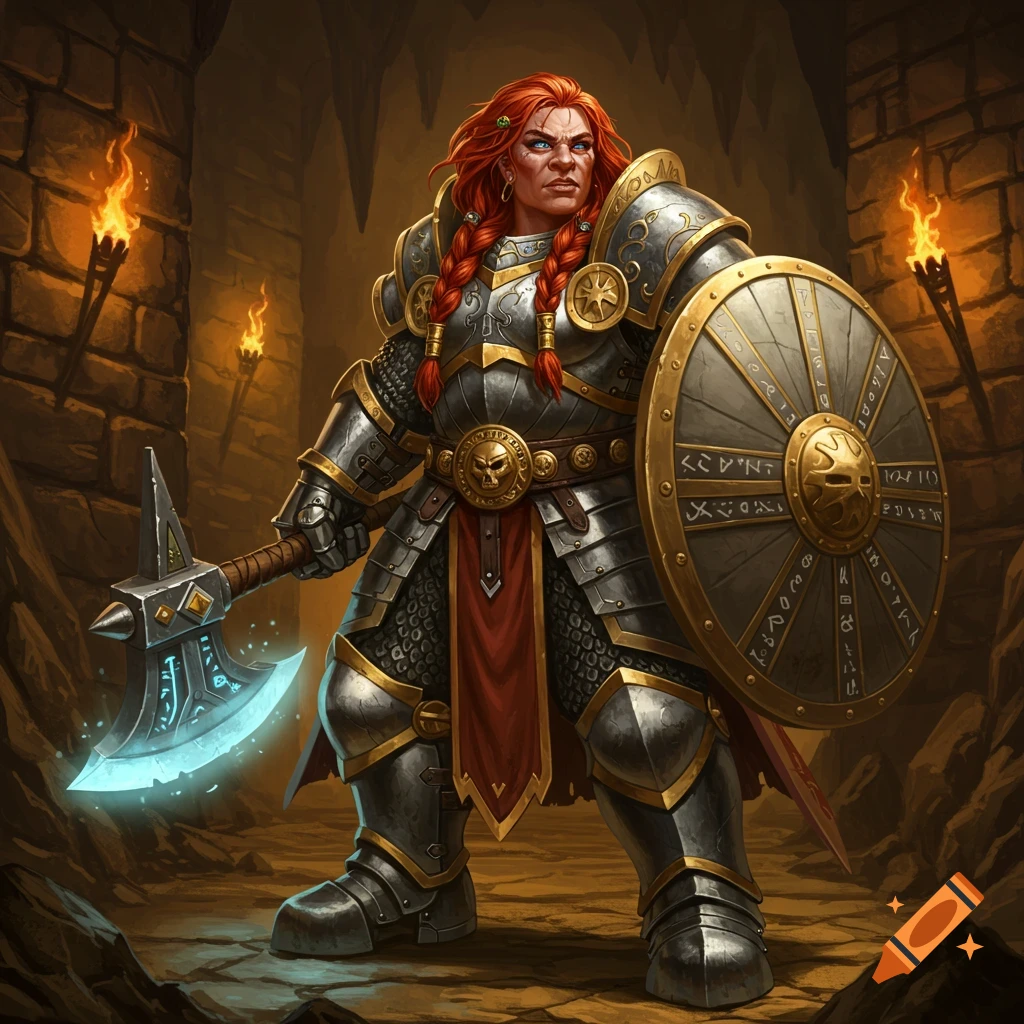 A female dwarf paladin in full plate armor with red braids, holding a glowing axe and a runic shield in a dungeon.