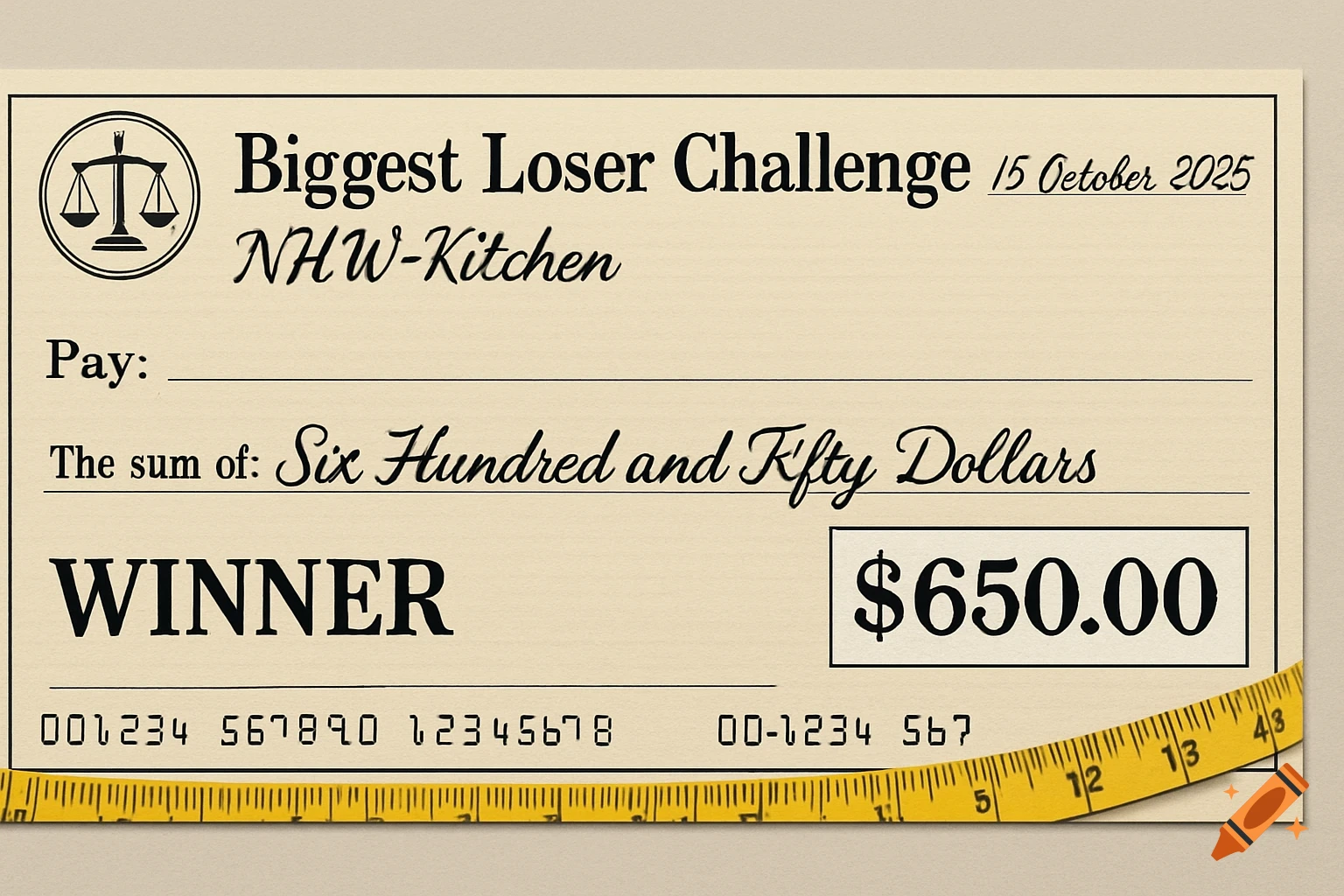 A giant check for the "Biggest Loser Challenge" for $650.00, with a scale logo and a yellow measuring tape border.
