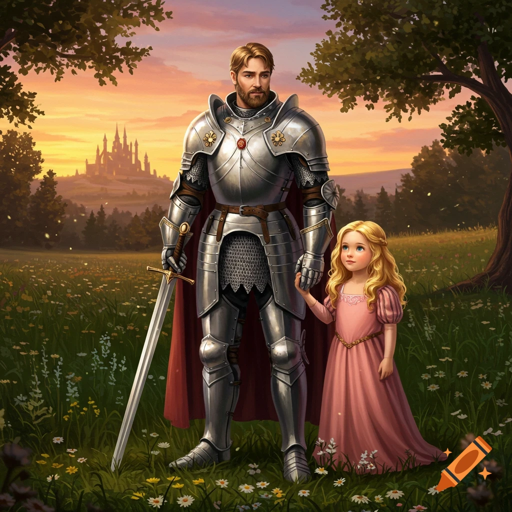 A stoic knight in silver armor and a red cape stands with a young princess in a pink dress in a field with a castle in the background at sunset.