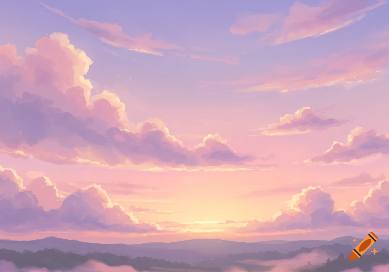 A vibrant pastel sunset with fluffy pink and purple clouds over distant hills in an illustrative style.