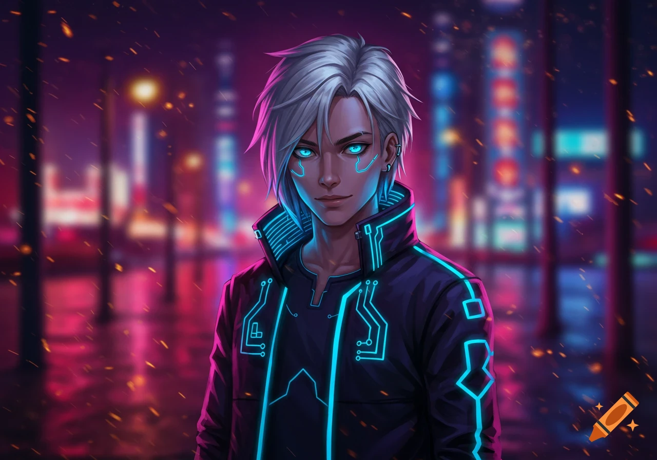 Anime character with white hair and glowing blue cybernetic eyes and circuit patterns on their jacket, in a blurred neon-lit cyberpunk city.