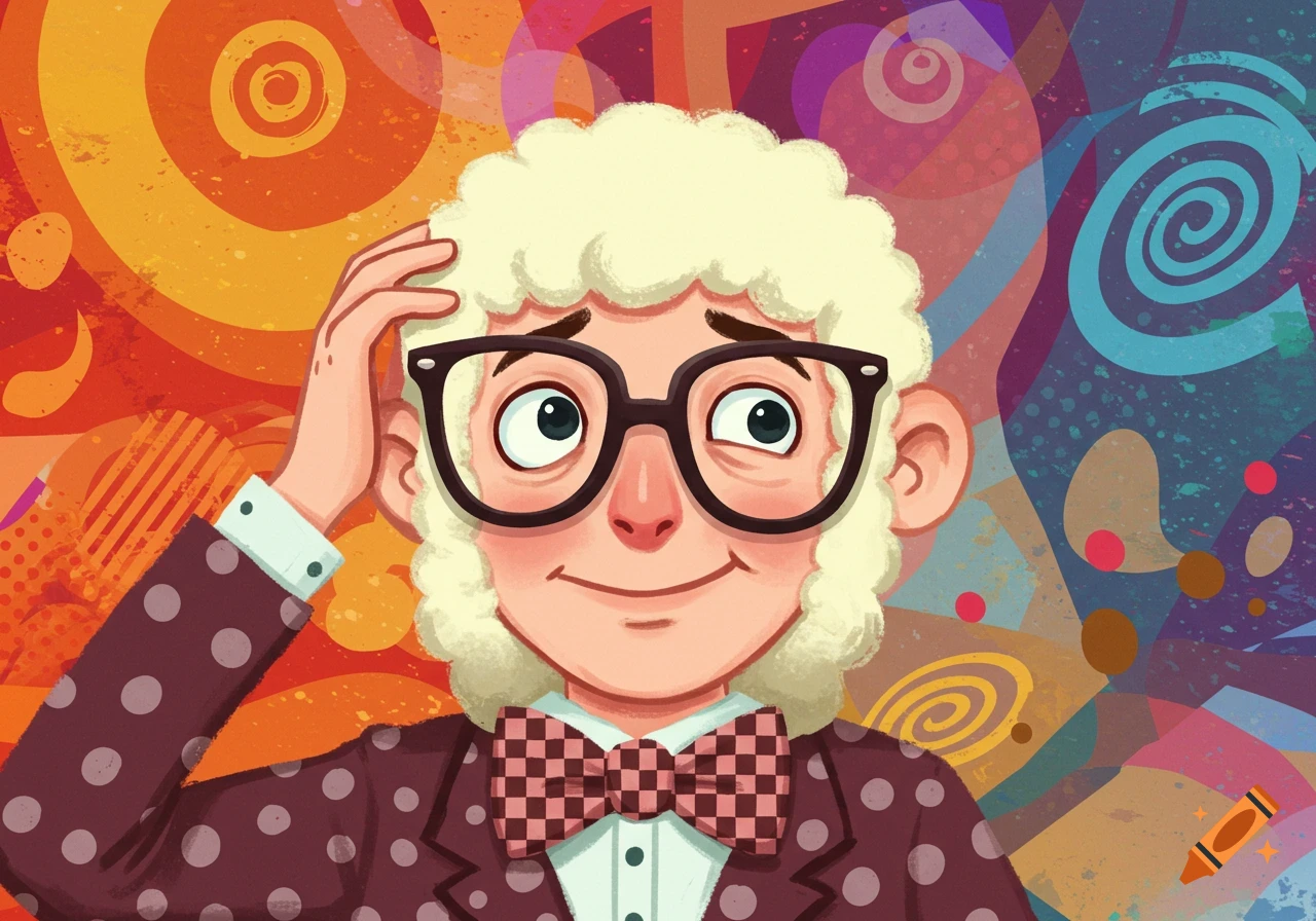 Cartoon illustration of a person with curly blonde hair and glasses, looking thoughtful, against a colorful, abstract background.