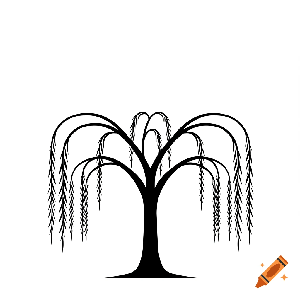 A minimalist, two-dimensional black silhouette of a weeping willow tree.