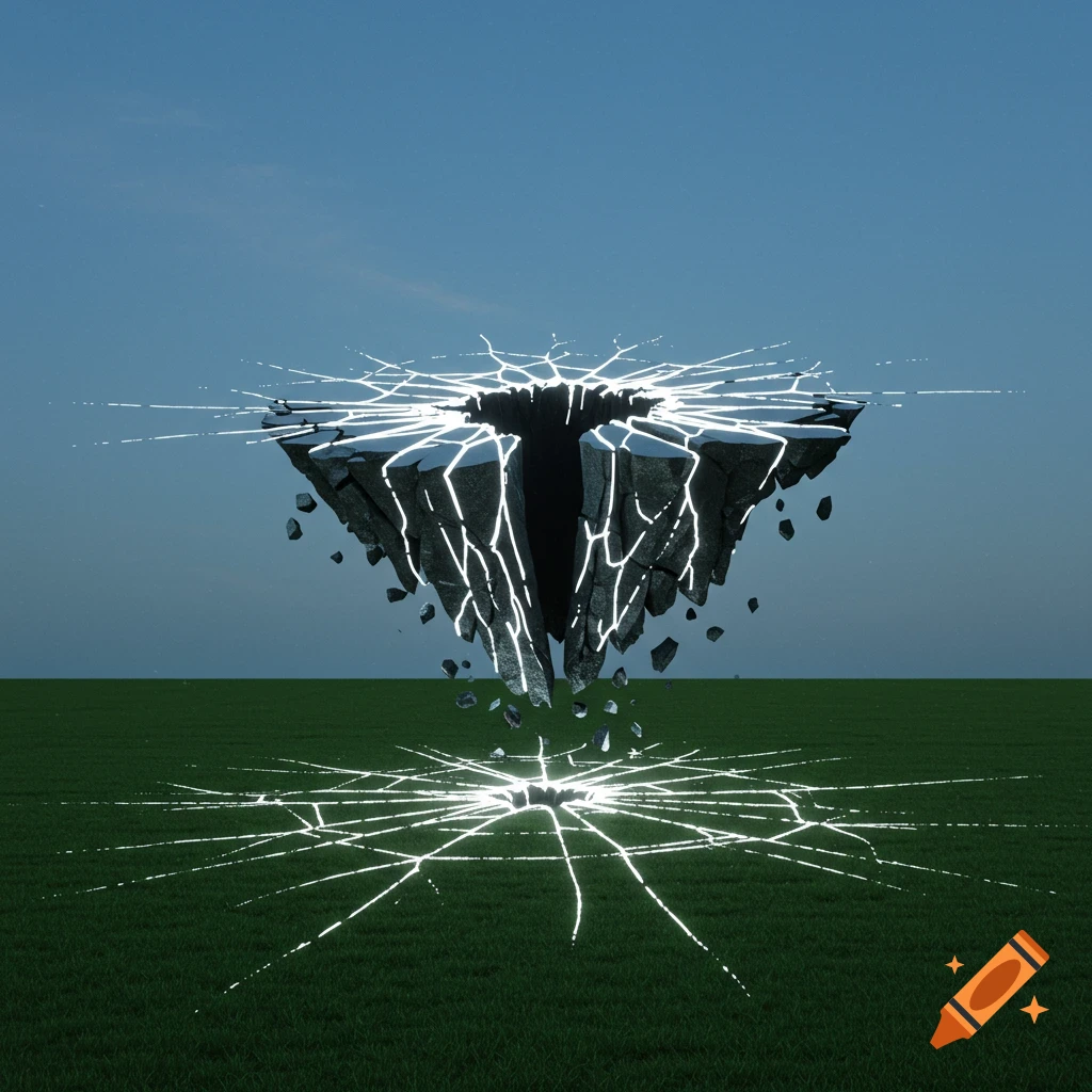 A jagged, glowing cracked island floats above a green field, with radiating light lines.
