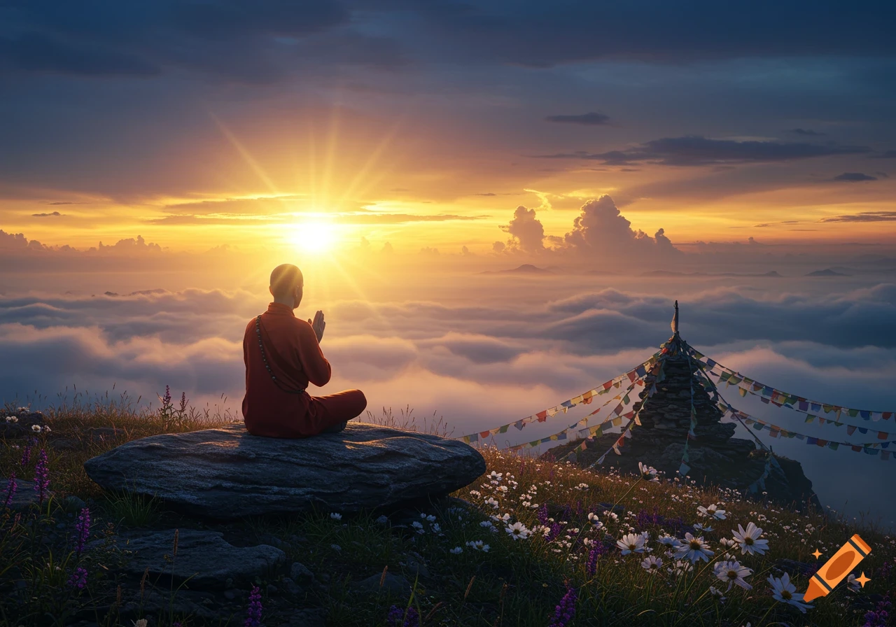 A person in robes meditates on a rock on a mountaintop, facing a brilliant sunset over a sea of clouds, with prayer flags nearby.