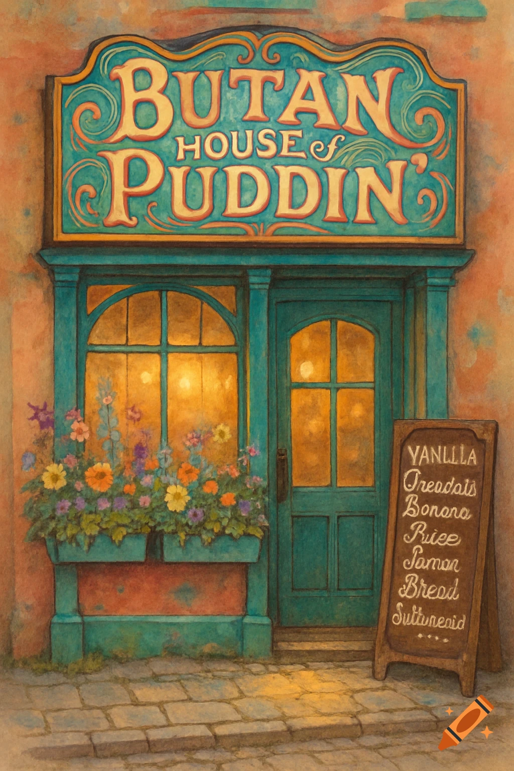 A charming watercolor painting of a shop called "Butan House of Puddin'" with a teal facade, flower boxes, and a chalkboard sign.