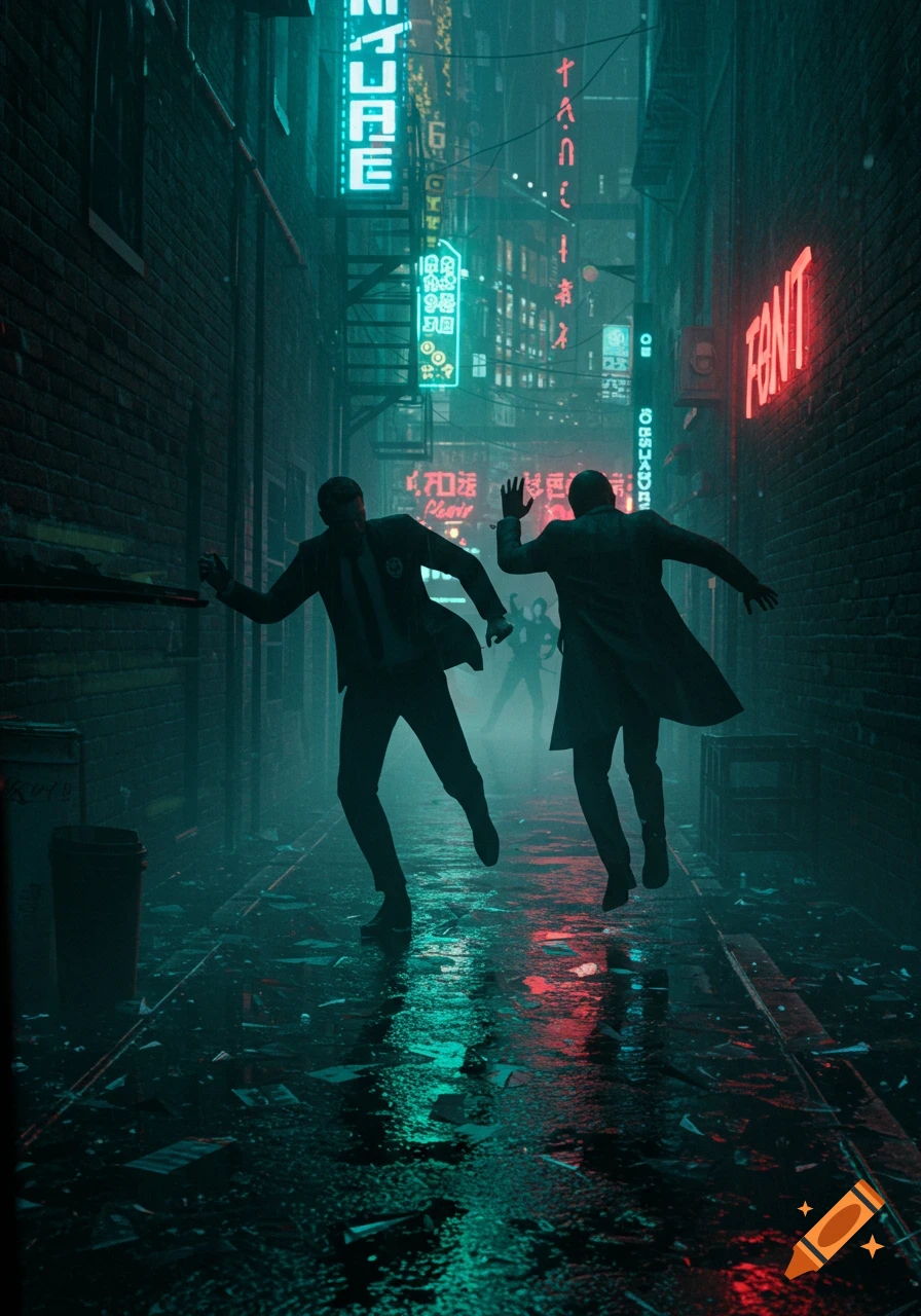 Two figures in suits lunge down a wet, neon-lit cyberpunk alleyway at night, with distorted text signs.