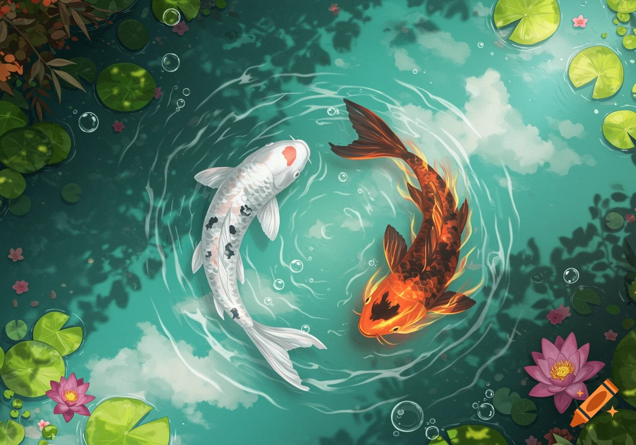 Two stylized koi fish, one white and one orange, swim in a circular pattern in a pond with lily pads and water lilies.