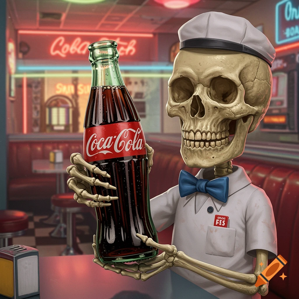 A cartoon skeleton in a diner uniform and cap holds up a bottle of Coca-Cola, with retro neon signs and booths in the background.