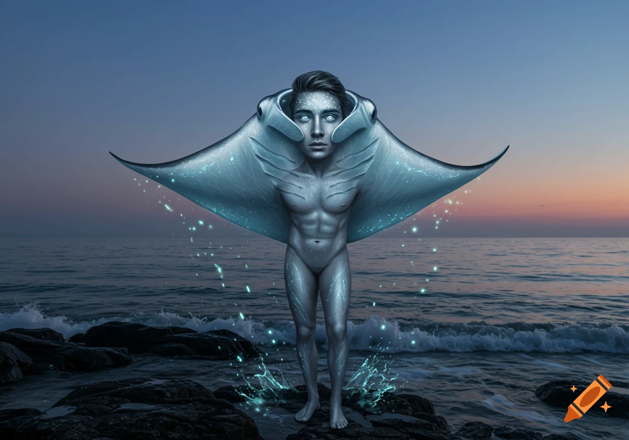 A fantastical figure, half-man half-manta ray, stands on rocks by the ocean at dusk with glowing light effects.