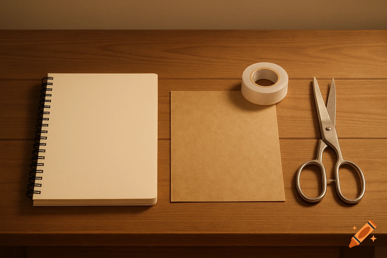 A spiral notebook, a kraft paper sheet, white tape, and scissors arranged on a wooden table.