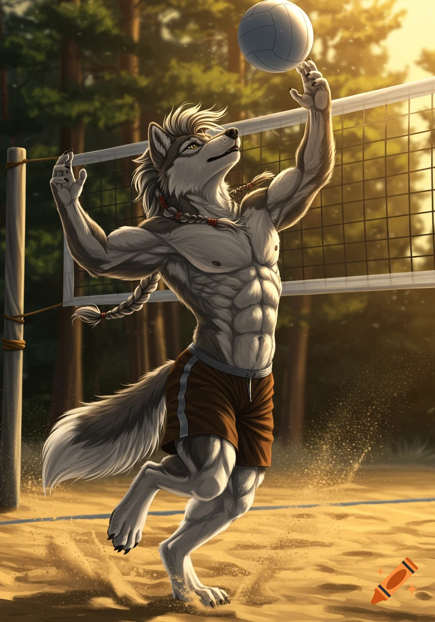 A muscular anthropomorphic wolf playing volleyball on a sunny sandy court, hitting the ball over the net.
