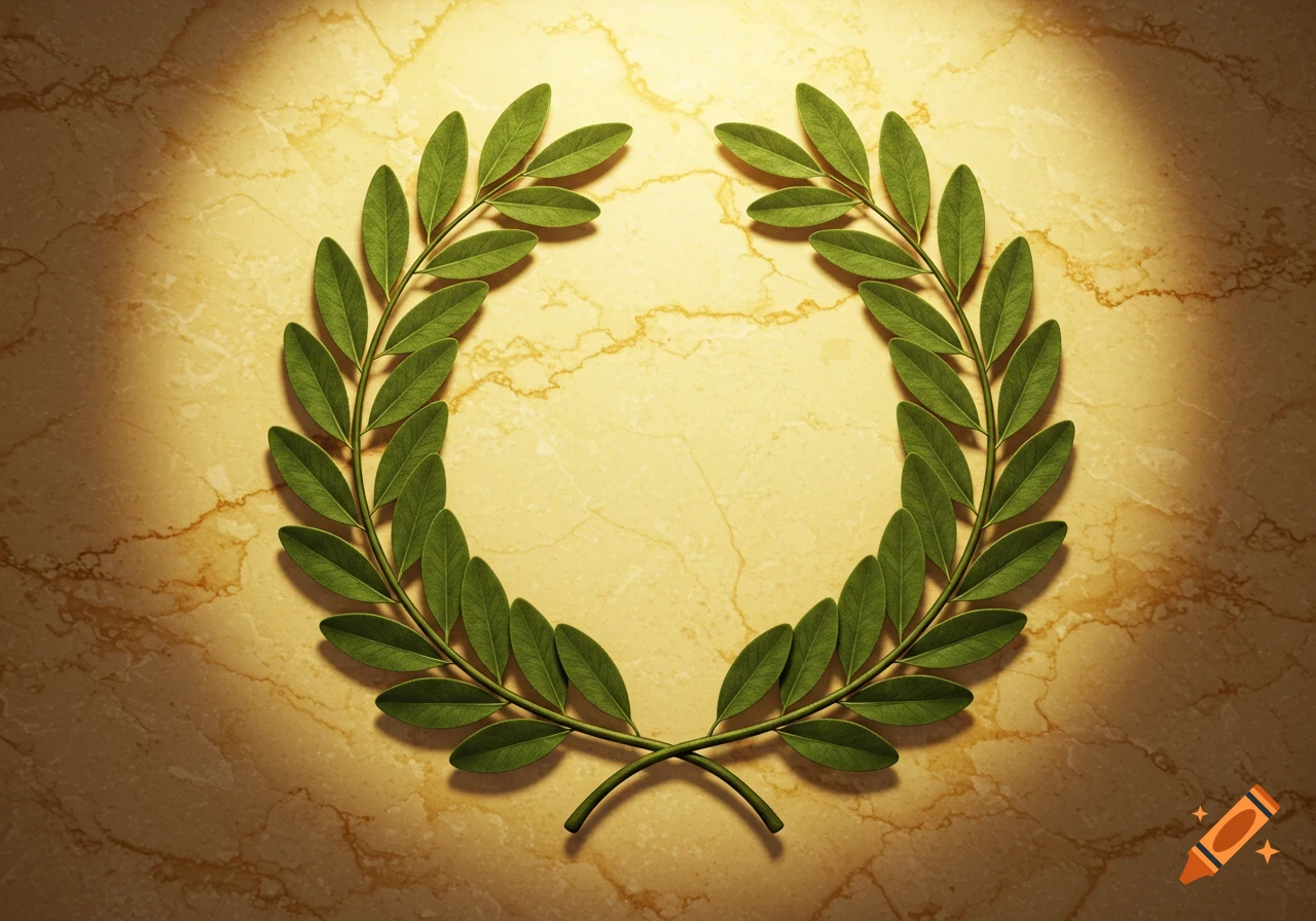 A green laurel wreath resting on a golden marble surface with dramatic lighting.