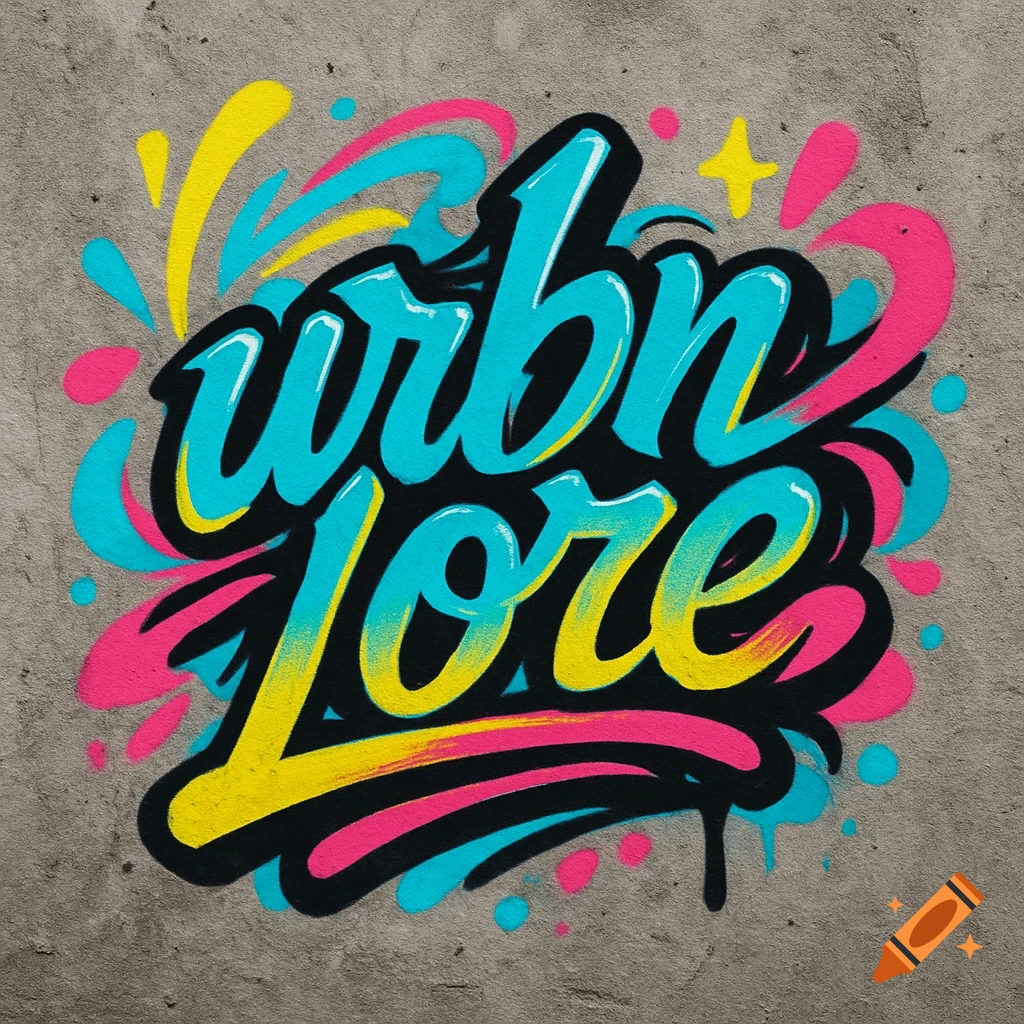 Graffiti-style logo for 'urbn lore' in bright blue, yellow, and pink on a textured concrete wall.