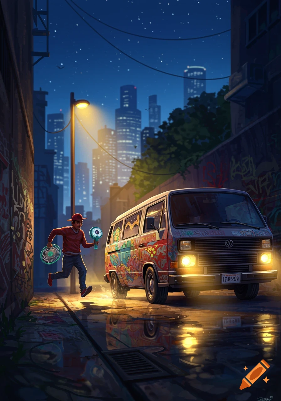 A man runs in a dark, graffiti-covered alley next to a colorful van, illuminated by a street lamp and headlights, with a city skyline in the background.
