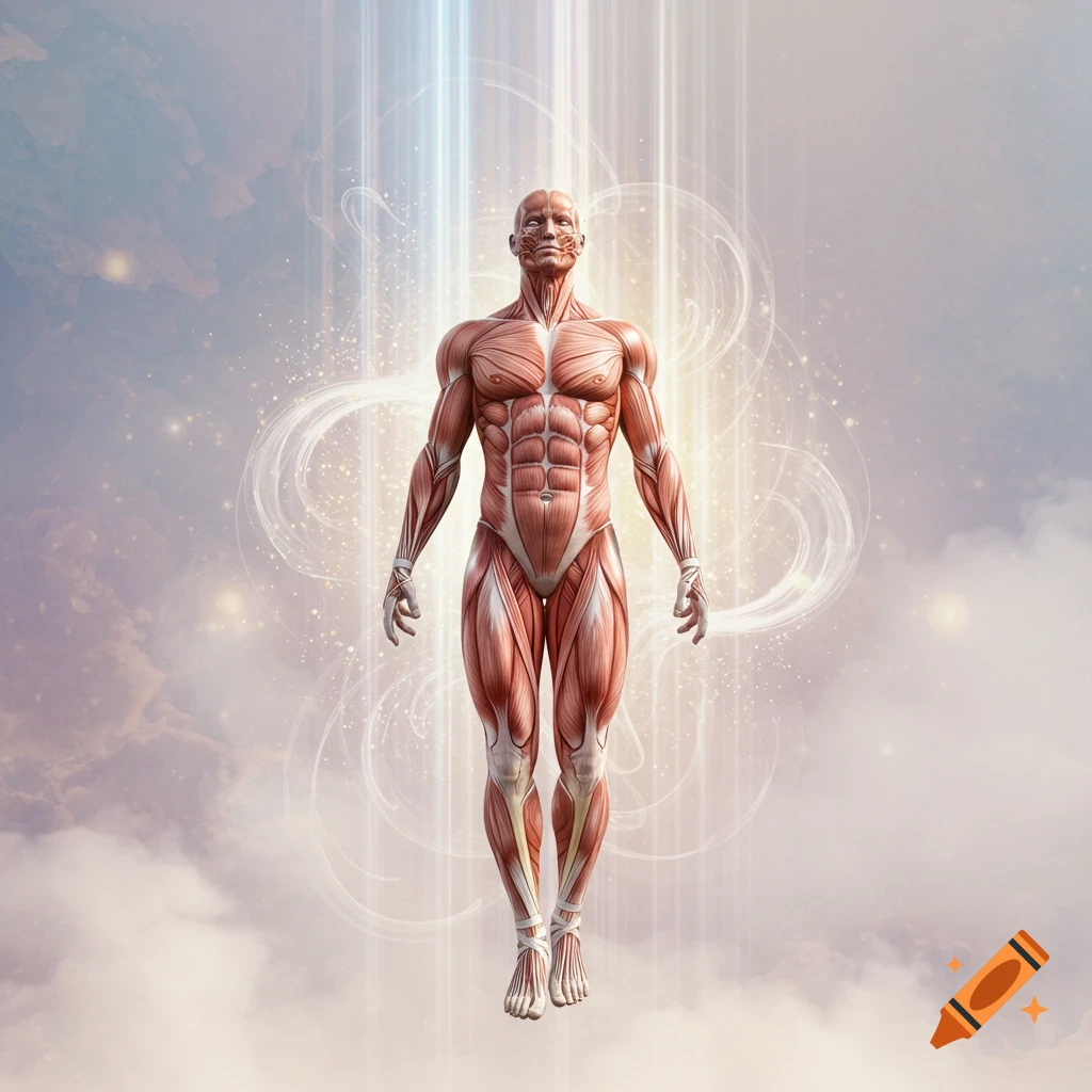 Detailed anatomical rendering of a muscular male human body floating in a mystical, cloudy sky with light rays.