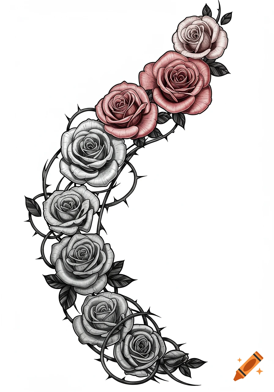 A tattoo design depicting a curved vine of roses, transitioning from black and grey at the bottom to reddish-pink at the top.