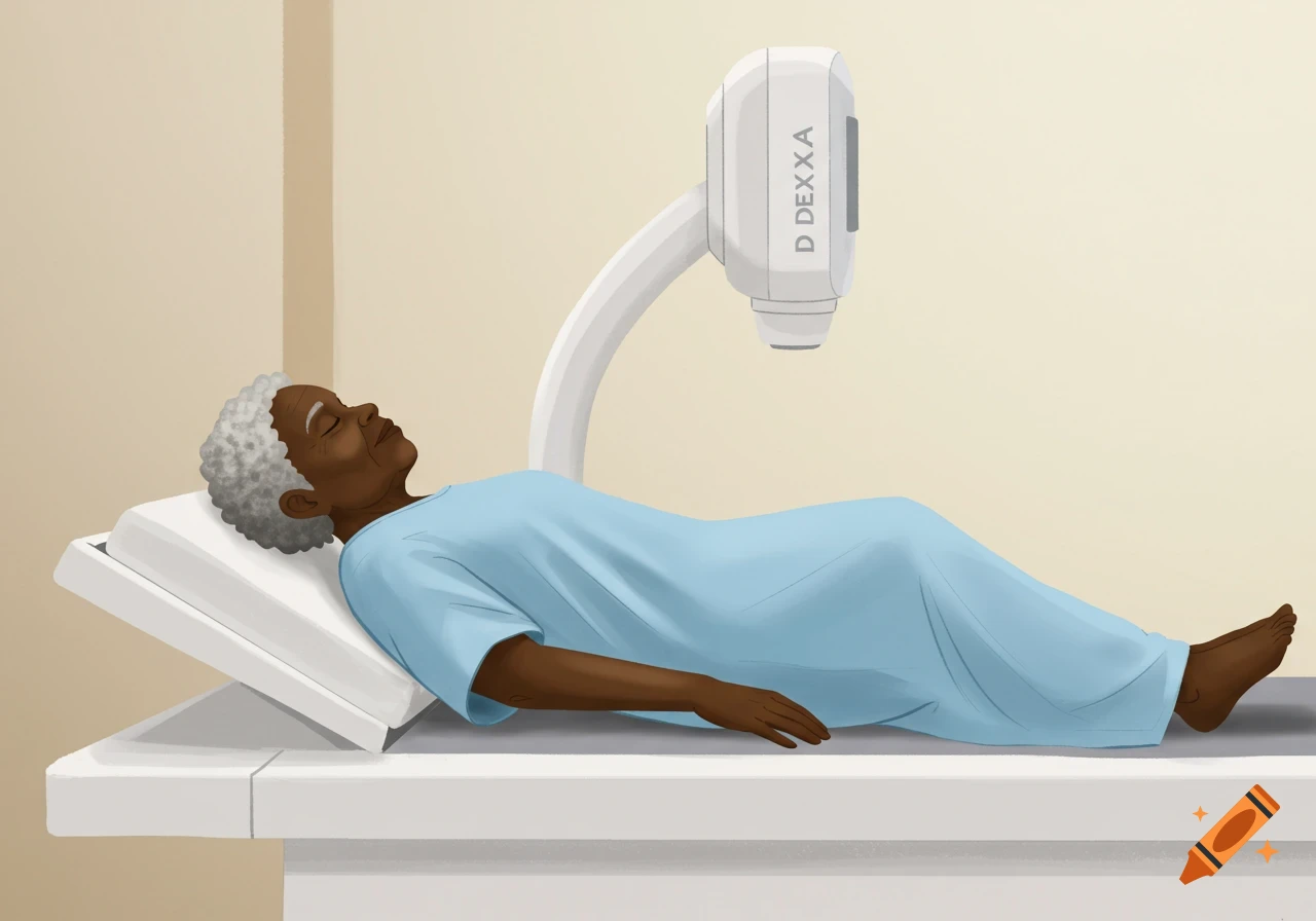 An elderly African woman in a hospital gown lies calmly on a DEXA scan machine in a semi-realistic cartoon style.