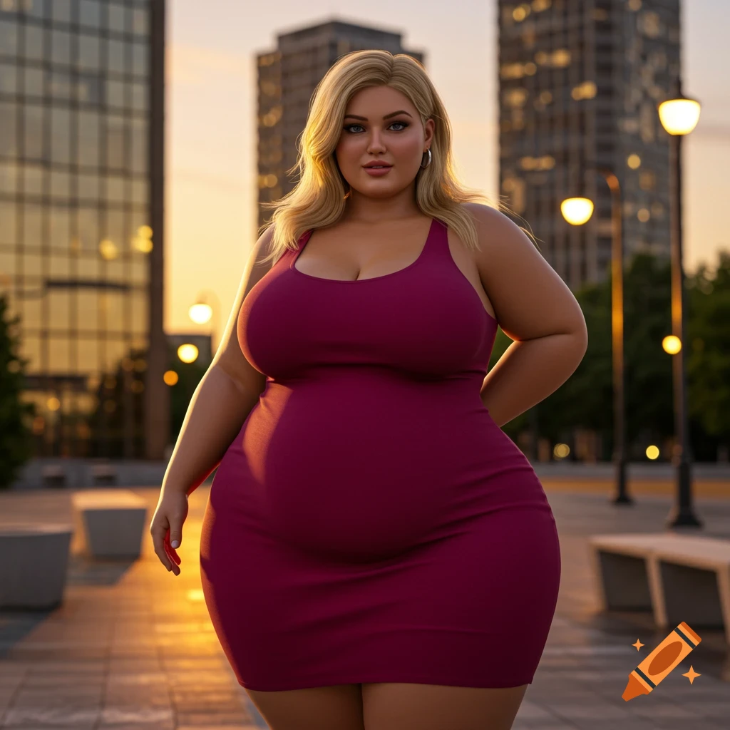 A blonde, plus-size woman in a tight magenta dress stands confidently on a city street at sunset with buildings in the background.