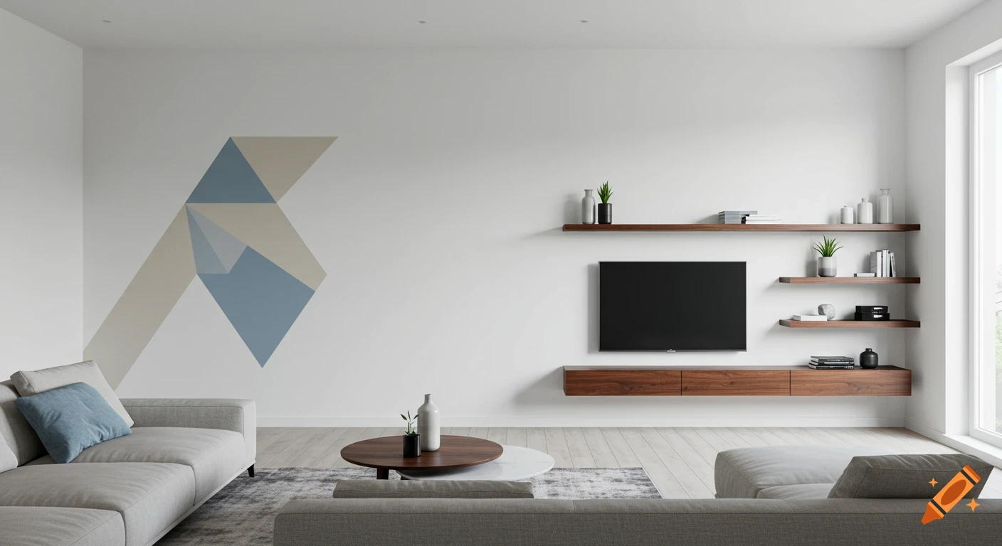 Modern minimalistic living room with grey sofa, round coffee table, wall-mounted TV, floating shelves, and a geometric mural.