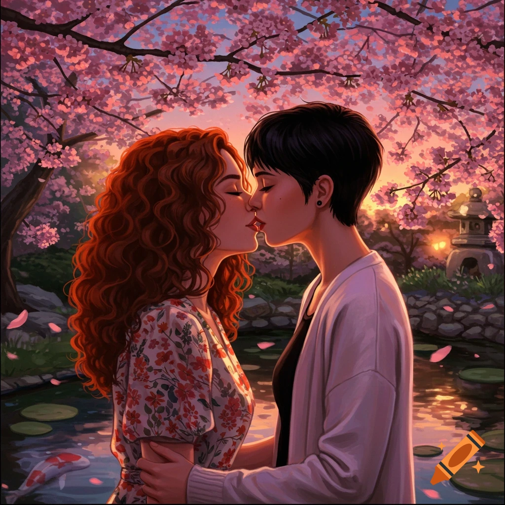 Illustrated art of two women kissing under blooming cherry blossom trees at sunset, by a pond with koi fish.