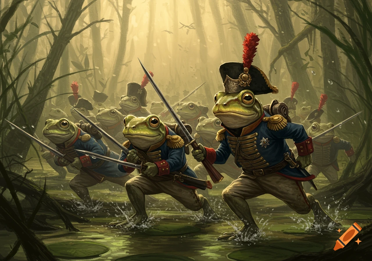 Anthropomorphic frogs in historical military uniforms charging through a swamp with swords.
