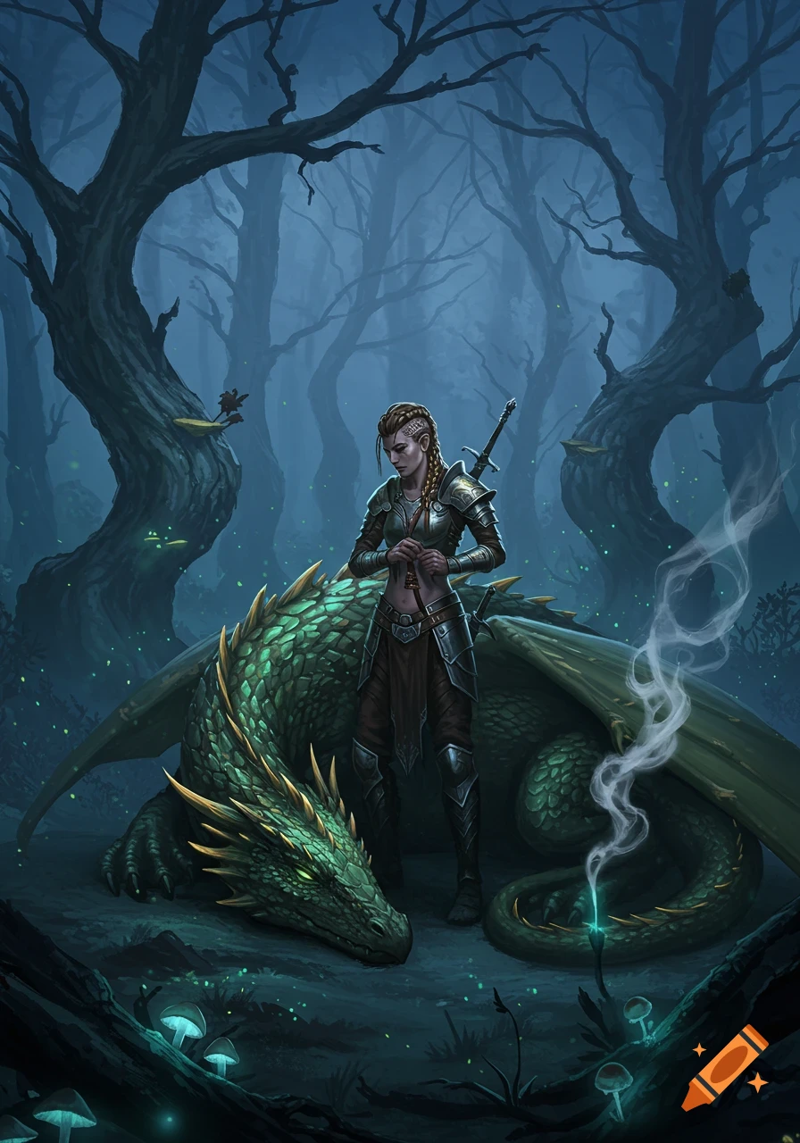 A female warrior in armor stands next to a large green dragon in an eerie, misty forest at night, adjusting her armor.
