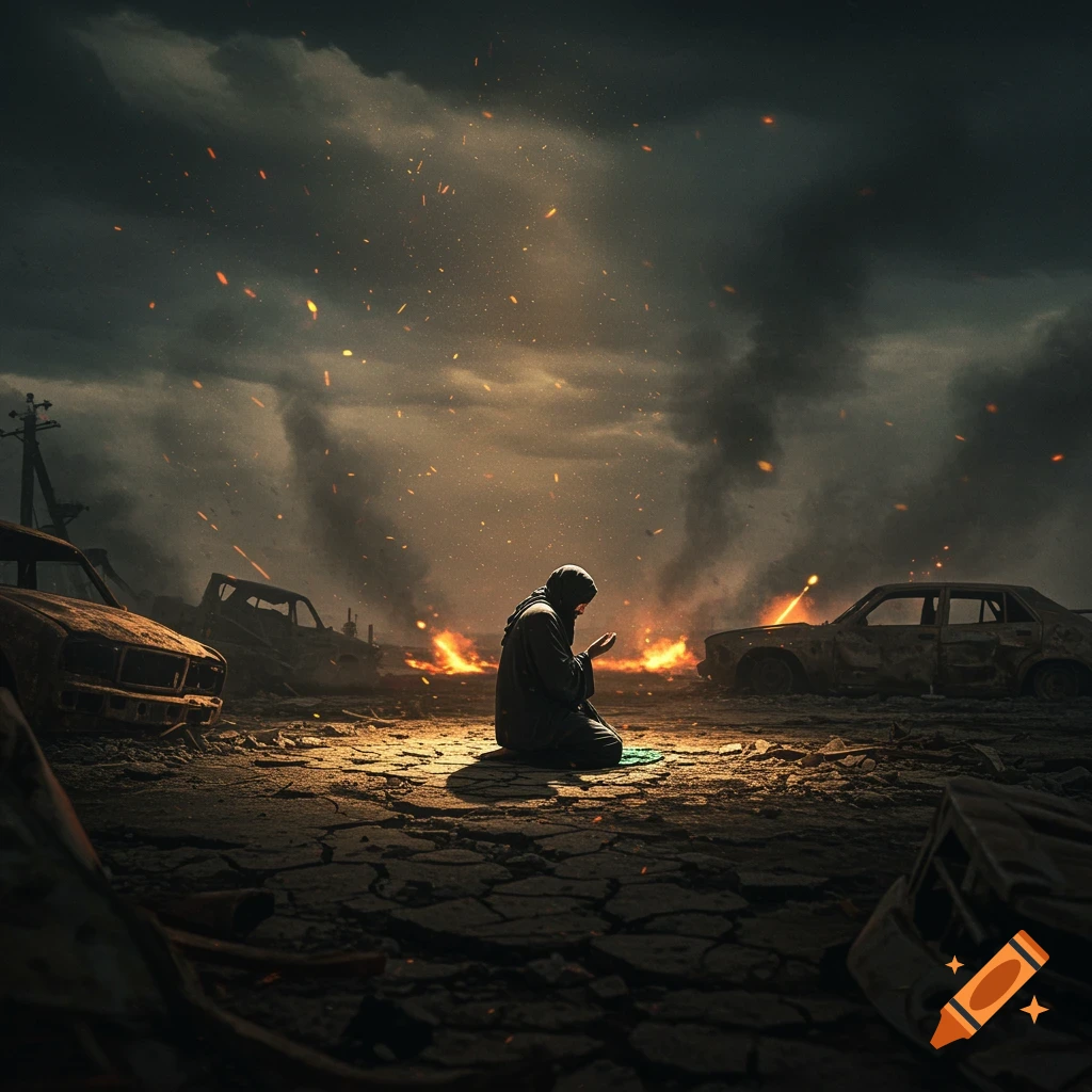 A person kneels on cracked earth, praying amidst burning wreckage and destroyed cars under a dark, stormy sky.