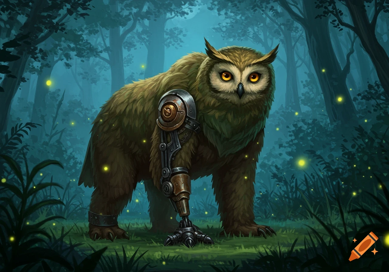 An illustrated owlbear with a mechanical leg stands in a dark fantasy forest with glowing fireflies.