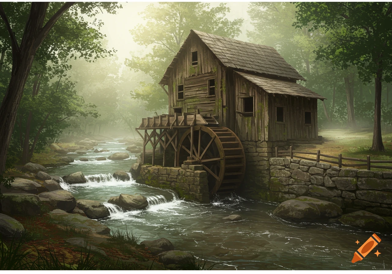 A rustic wooden grist mill with a water wheel stands by a flowing rocky stream in a misty, lush green forest.