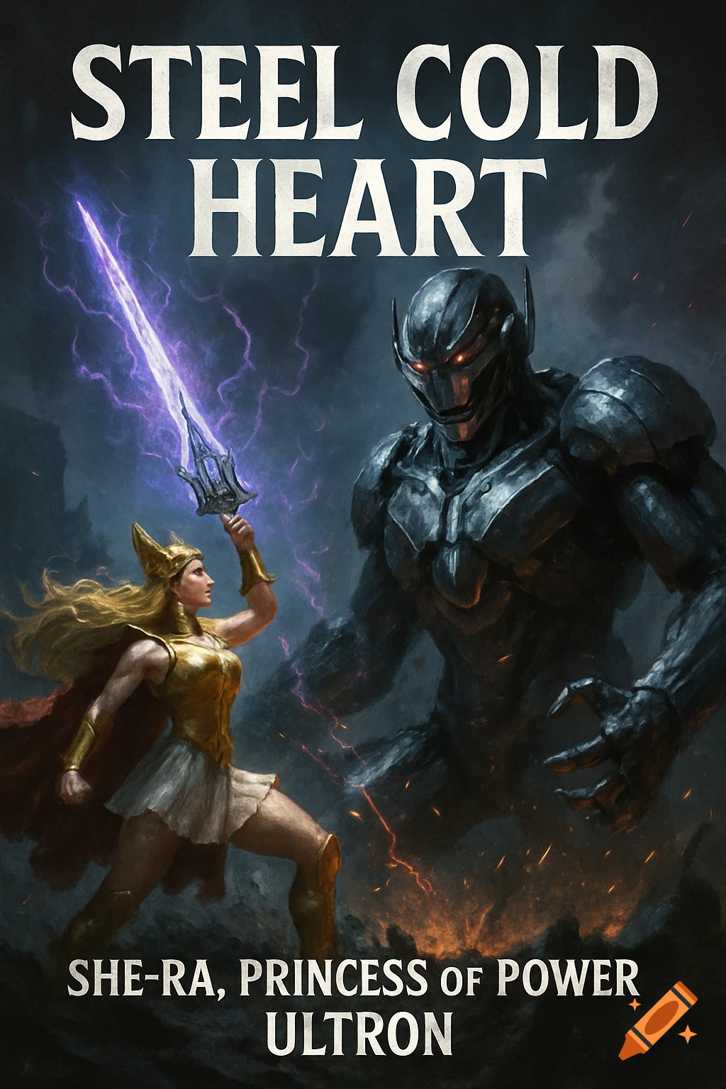 A book cover features She-Ra holding a glowing sword, facing a large, dark Ultron robot in a stormy, fiery scene. The title "STEEL COLD HEART" is at the top, and "SHE-RA, PRINCESS OF POWER ULTRON" is at the bottom.