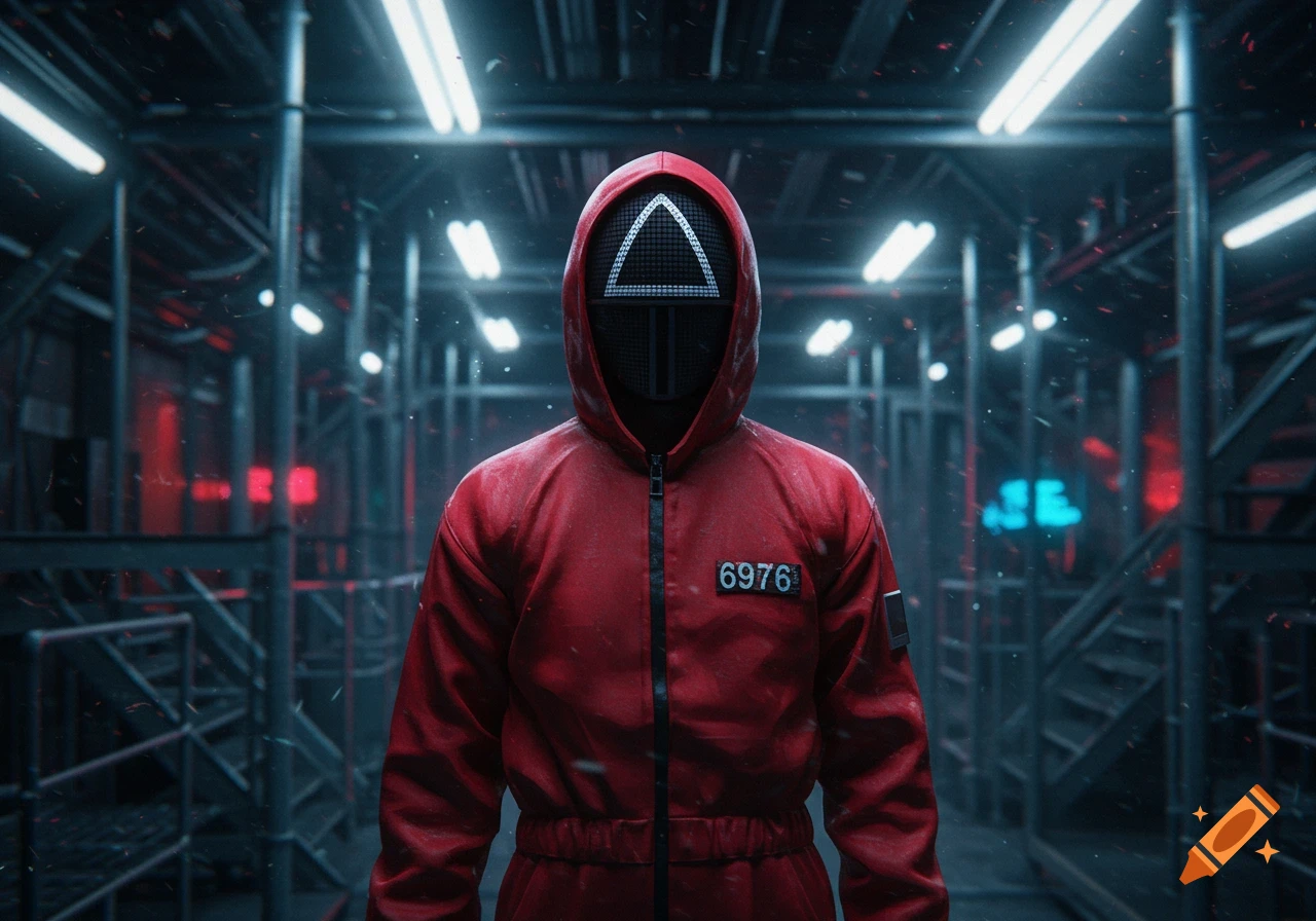 A front view of a Squid Game character in a red hooded jumpsuit and black mask with a white triangle symbol, standing in a dark, industrial corridor with blue and red lights. The number '6976' is visible on the chest.