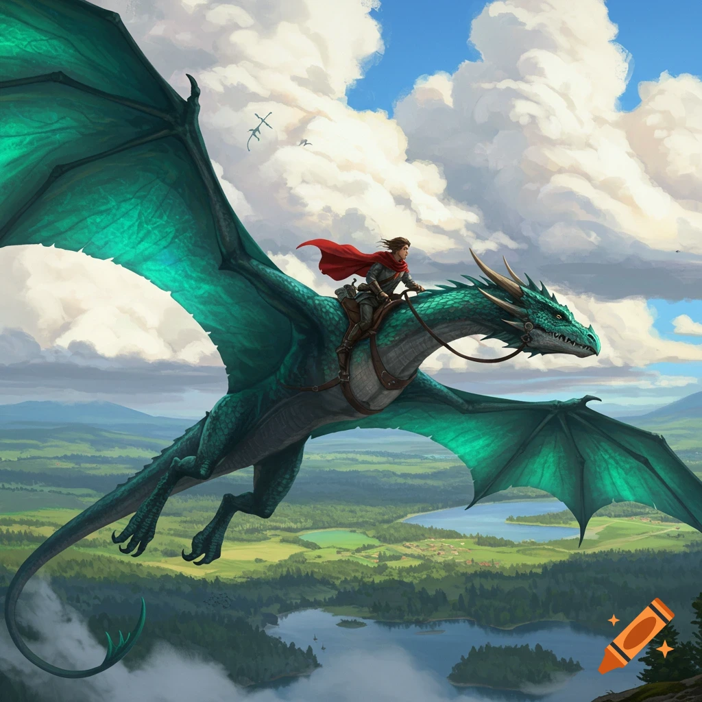 A person in a red cape rides a large teal dragon, soaring over a lush green landscape with lakes and villages under a cloudy sky.
