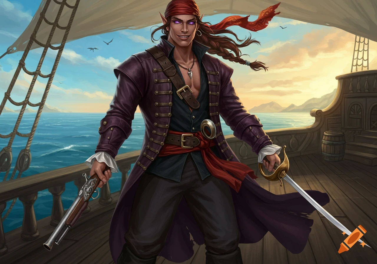 A male half-elf pirate with dark auburn braided hair and amethyst eyes stands on a ship deck, holding a flintlock pistol and a rapier. The sea and a sunset sky are in the background.