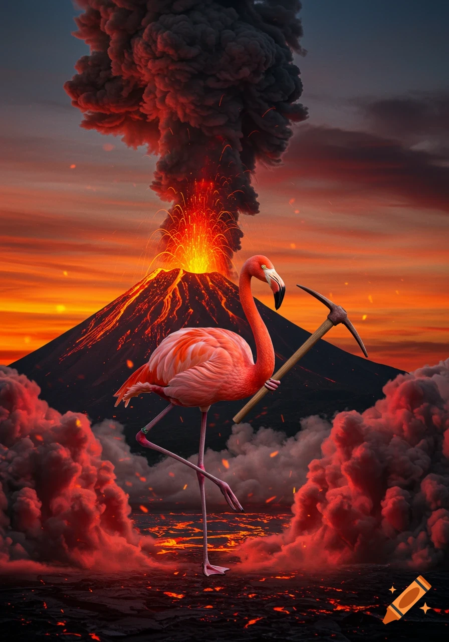 A pink flamingo stands on one leg holding a pickaxe, centered before an erupting volcano with lava and dark smoke under a fiery sky.
