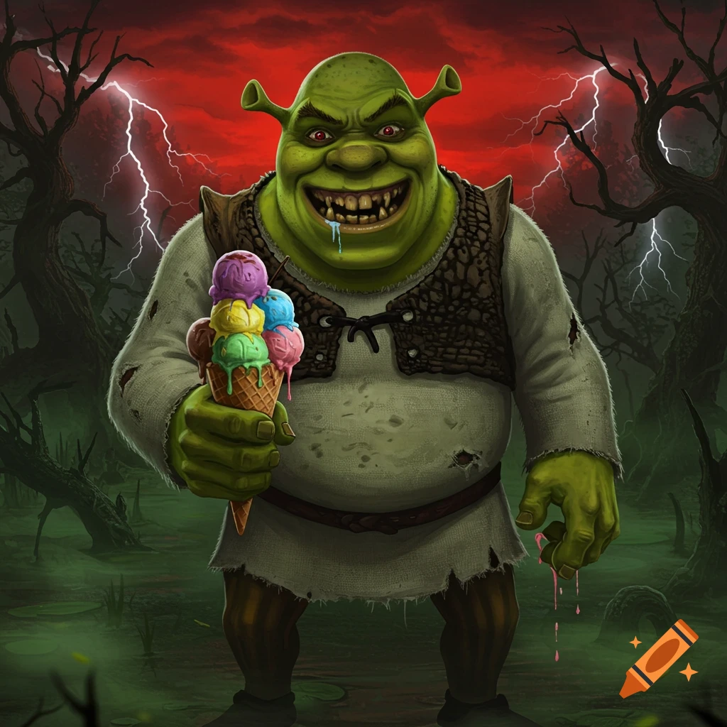 A grotesque Shrek with sharp teeth and red eyes grins while holding a melting multi-scoop ice cream cone in a stormy swamp.