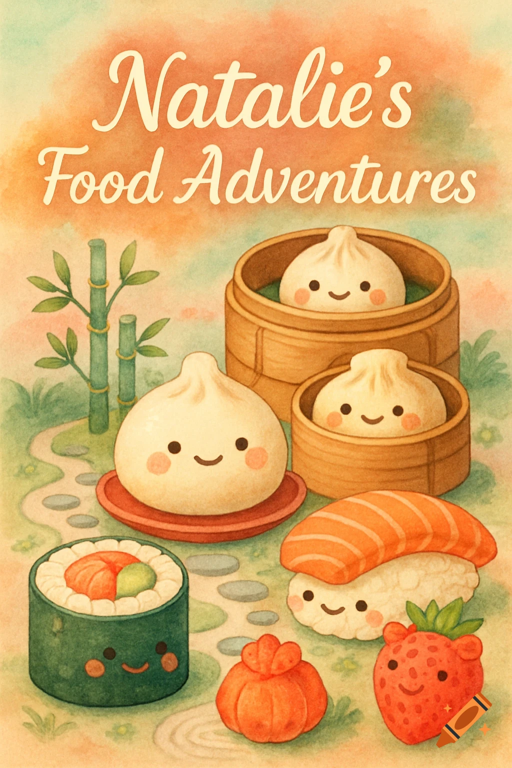 A whimsical watercolor illustration titled 'Natalie's Food Adventures' featuring smiling dumplings, sushi, and a strawberry in a garden setting.