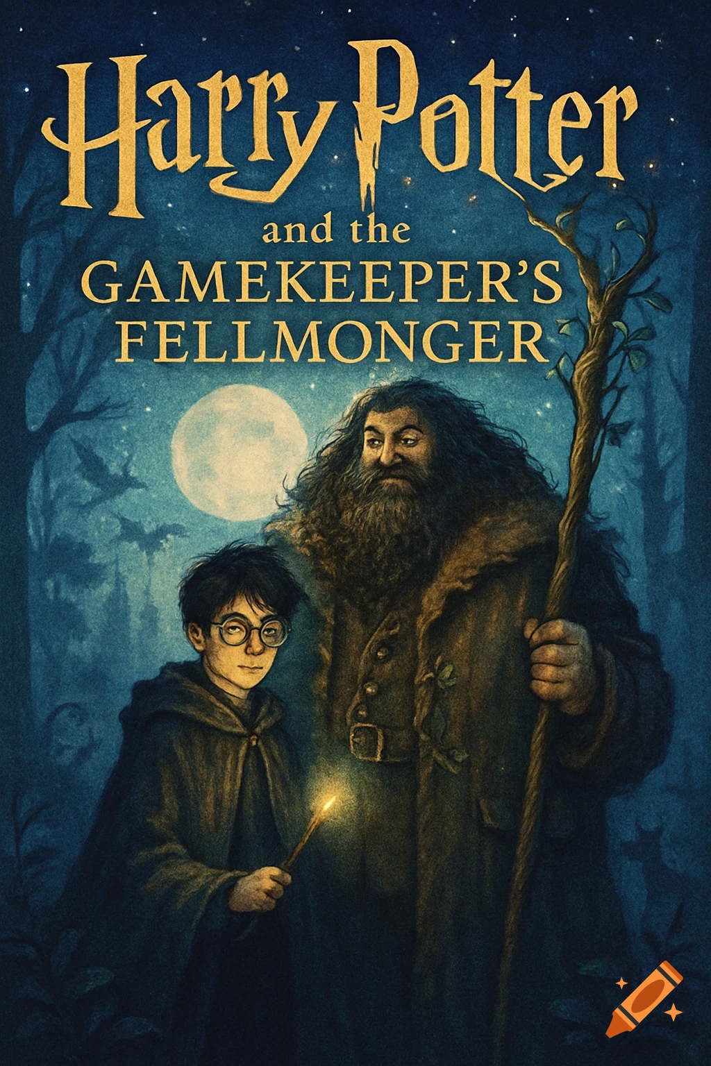 Illustrated book cover of Harry Potter and Hagrid in a dark forest at night under a full moon, with Harry holding a glowing wand.