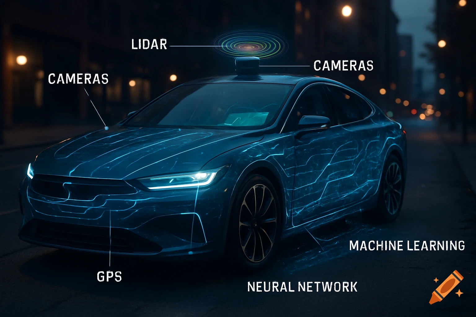 A dark blue car with glowing blue lines indicating data flow, labeled with AI features like LIDAR, CAMERAS, GPS, MACHINE LEARNING, and NEURAL NETWORK on a nighttime city street.